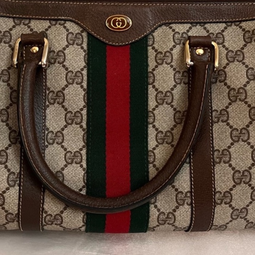 Vintage GUCCI Brown Sherry Ophidia GG PVC
Leather Boston Hand Bag Purse tote
